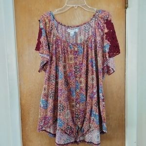 New York Laundry Maroon Lace Shoulder Boho Top 2X